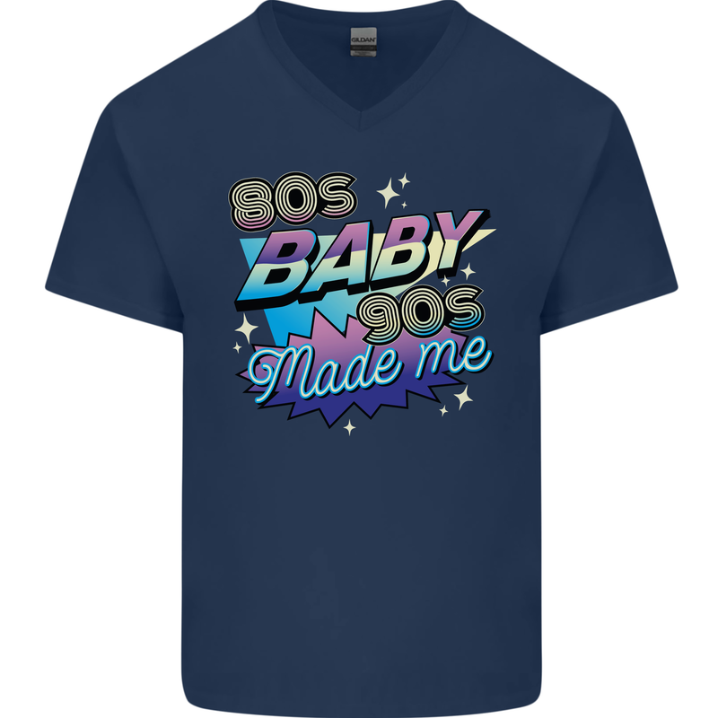 80s Baby 90s Made Me Music Pop Rock Mens V-Neck Cotton T-Shirt Navy Blue