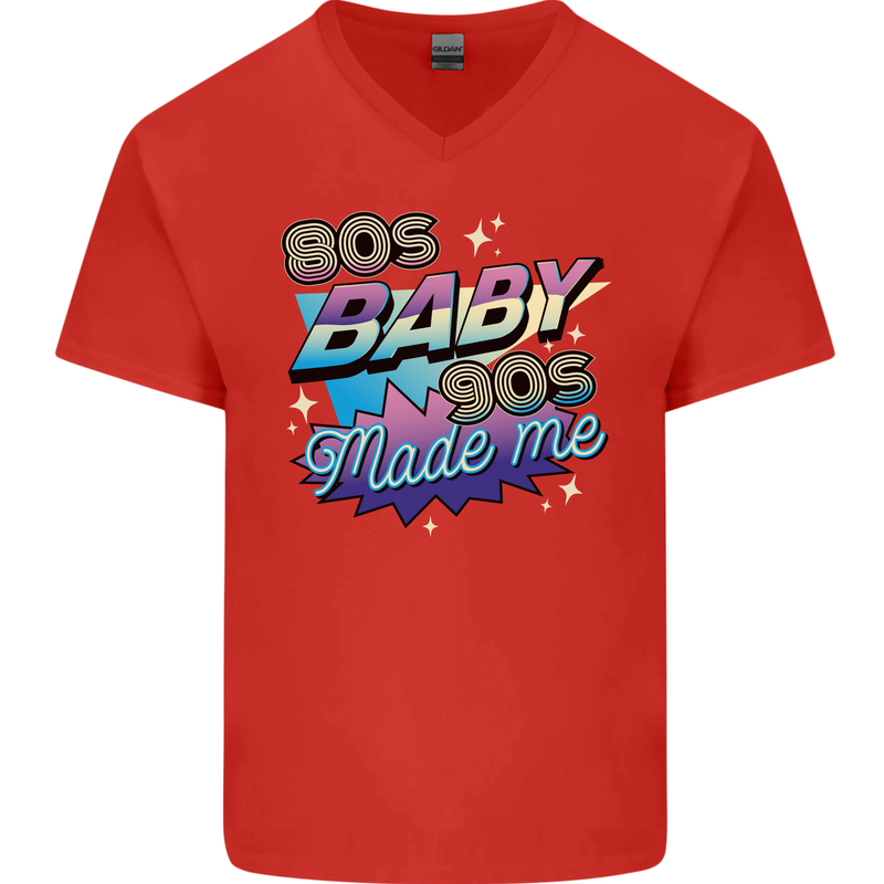 80s Baby 90s Made Me Music Pop Rock Mens V-Neck Cotton T-Shirt Red