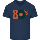 80s Music Vinyl Record Decks Turntable Mens V-Neck Cotton T-Shirt Navy Blue