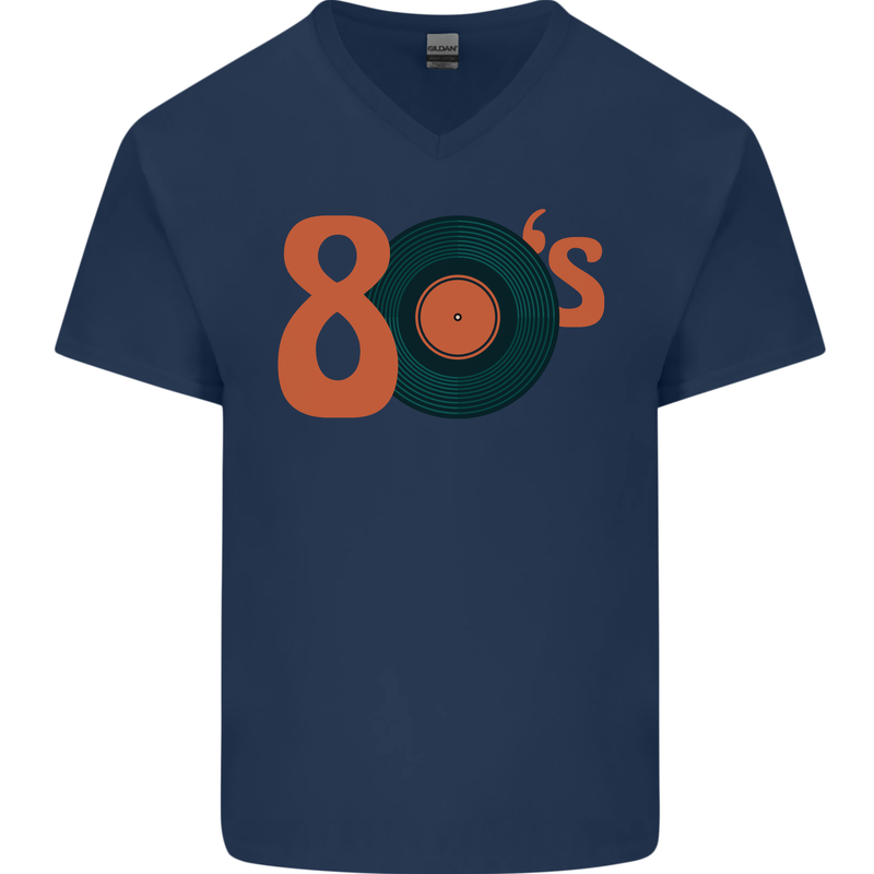 80s Music Vinyl Record Decks Turntable Mens V-Neck Cotton T-Shirt Navy Blue