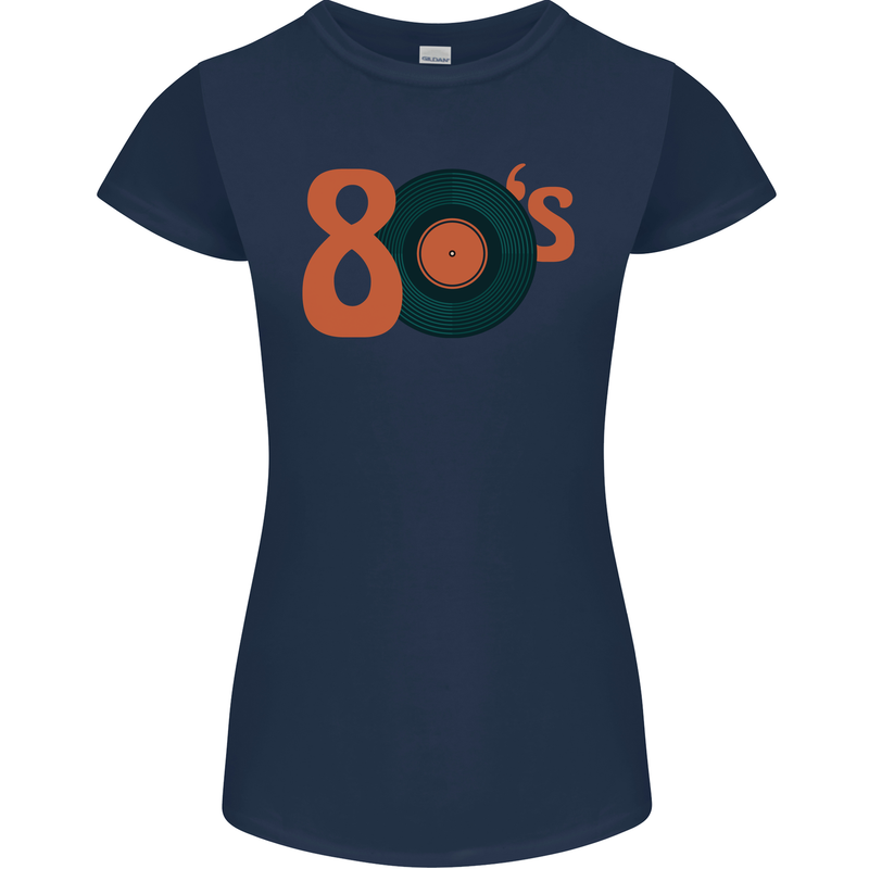 80s Music Vinyl Record Decks Turntable Womens Petite Cut T-Shirt Navy Blue