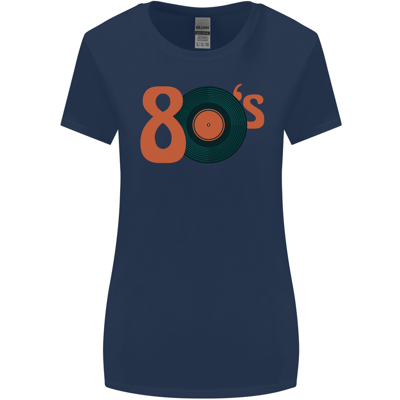 80s Music Vinyl Record Decks Turntable Womens Wider Cut T-Shirt Navy Blue