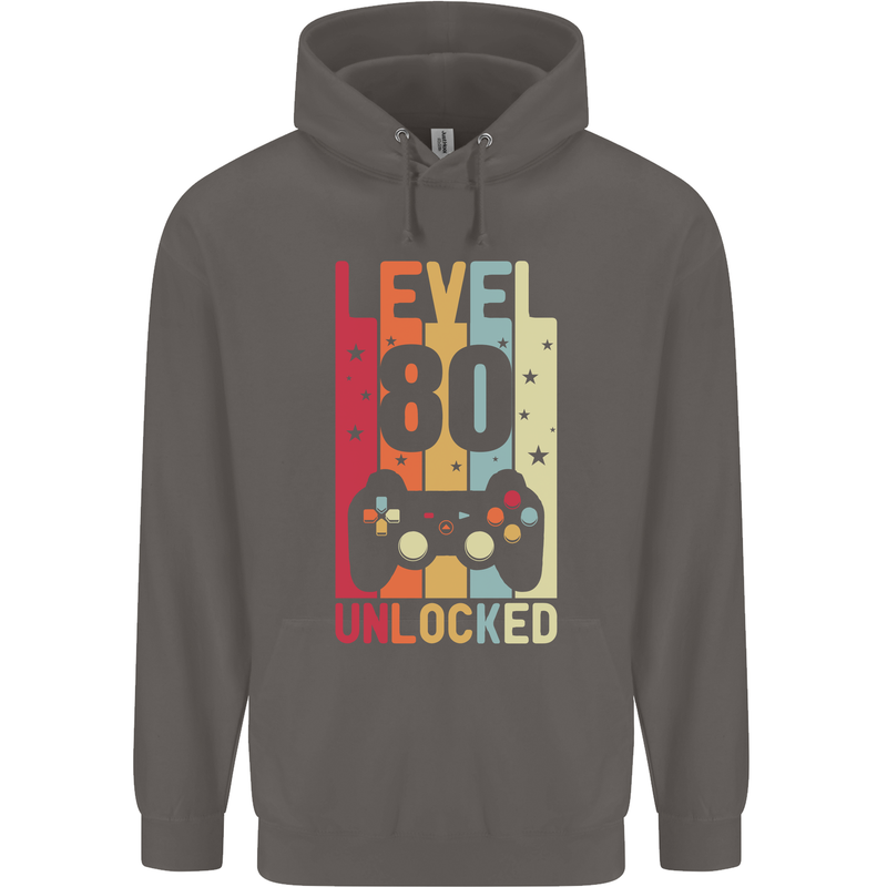 80th Birthday 80 Year Old Level Up Gamming Mens 80% Cotton Hoodie Charcoal