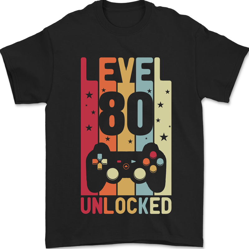 80th Birthday 80 Year Old Level Up Gamming Mens T-Shirt 100% Cotton Black