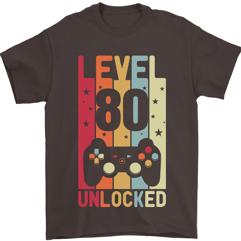 80th Birthday 80 Year Old Level Up Gamming Mens T-Shirt 100% Cotton Dark Chocolate