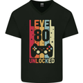 80th Birthday 80 Year Old Level Up Gamming Mens V-Neck Cotton T-Shirt Black