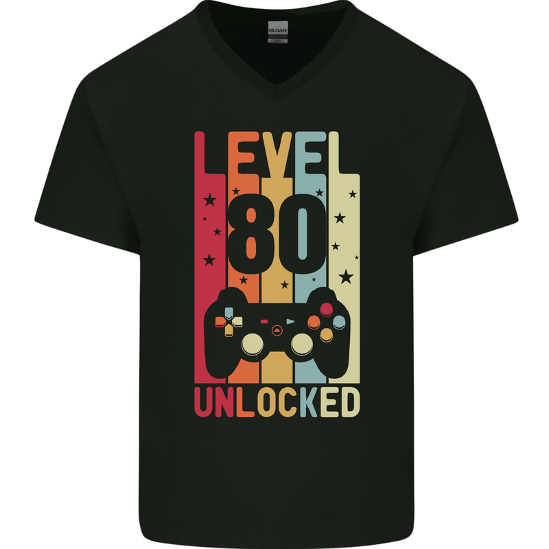 80th Birthday 80 Year Old Level Up Gamming Mens V-Neck Cotton T-Shirt Black