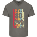80th Birthday 80 Year Old Level Up Gamming Mens V-Neck Cotton T-Shirt Charcoal