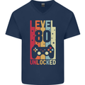 80th Birthday 80 Year Old Level Up Gamming Mens V-Neck Cotton T-Shirt Navy Blue