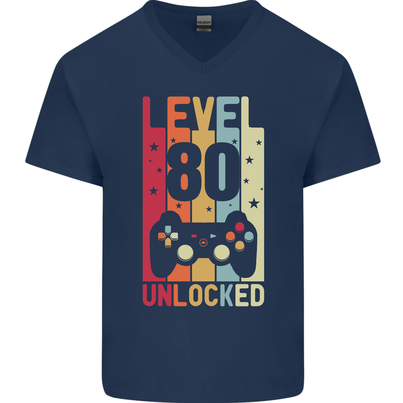 80th Birthday 80 Year Old Level Up Gamming Mens V-Neck Cotton T-Shirt Navy Blue