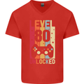 80th Birthday 80 Year Old Level Up Gamming Mens V-Neck Cotton T-Shirt Red