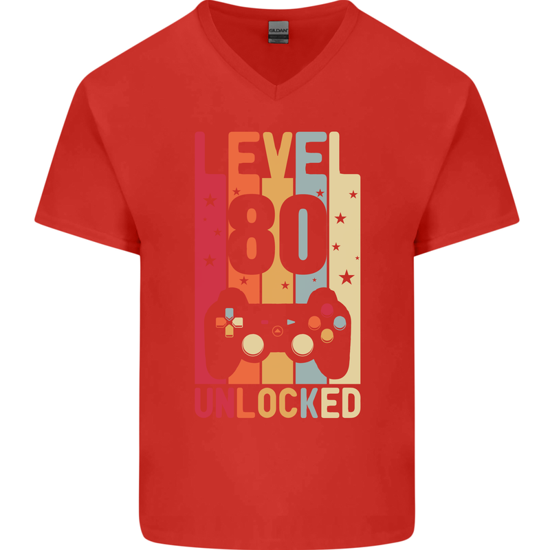 80th Birthday 80 Year Old Level Up Gamming Mens V-Neck Cotton T-Shirt Red