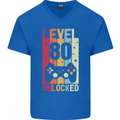 80th Birthday 80 Year Old Level Up Gamming Mens V-Neck Cotton T-Shirt Royal Blue