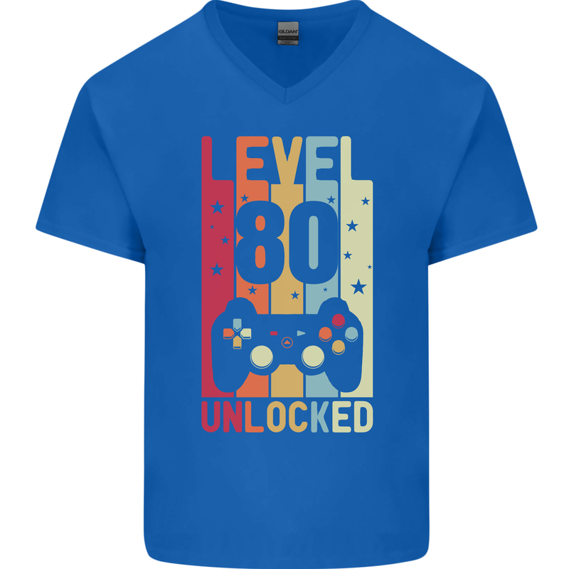 80th Birthday 80 Year Old Level Up Gamming Mens V-Neck Cotton T-Shirt Royal Blue