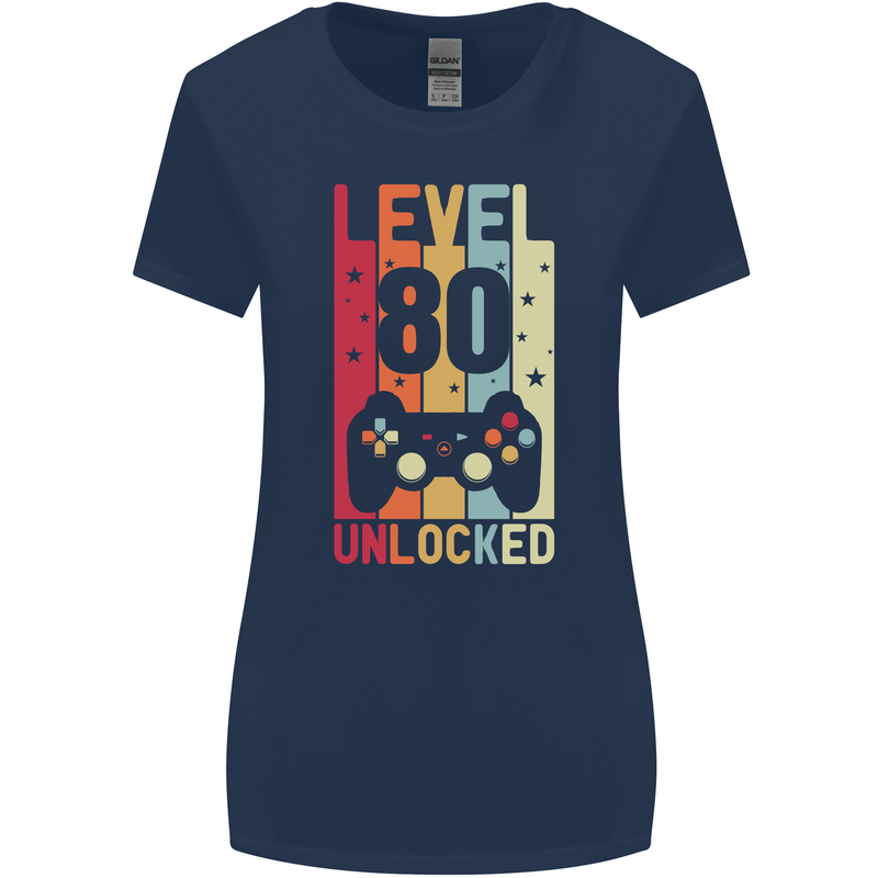 80th Birthday 80 Year Old Level Up Gamming Womens Wider Cut T-Shirt Navy Blue