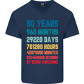 80th Birthday 80 Year Old Mens V-Neck Cotton T-Shirt Navy Blue