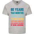 80th Birthday 80 Year Old Mens V-Neck Cotton T-Shirt Sports Grey