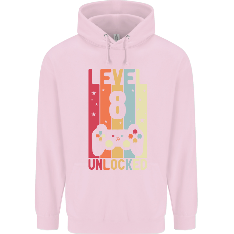 8th Birthday 8 Year Old Level Up Gamming Childrens Kids Hoodie Light Pink