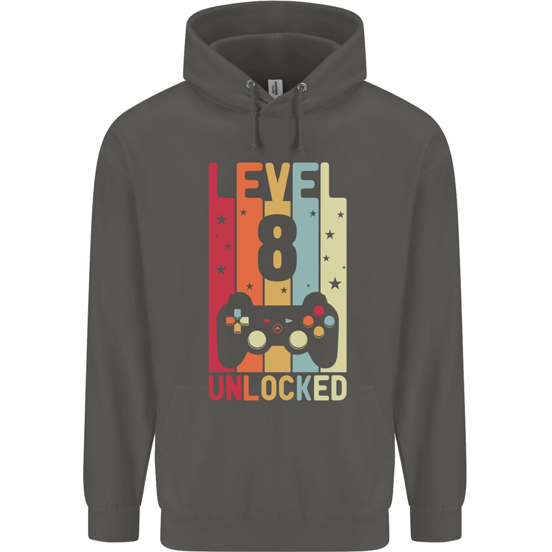 8th Birthday 8 Year Old Level Up Gamming Childrens Kids Hoodie Storm Grey