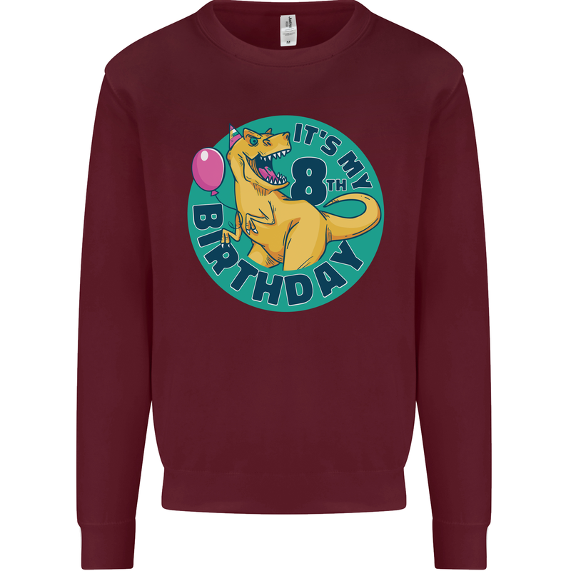 8th Birthday Dinosaur T-Rex 8 Year Old Kids Sweatshirt Jumper Maroon