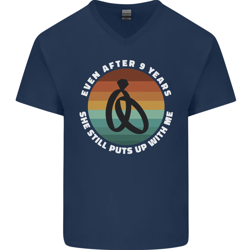 9 Year Wedding Anniversary 9th Marriage Mens V-Neck Cotton T-Shirt Navy Blue