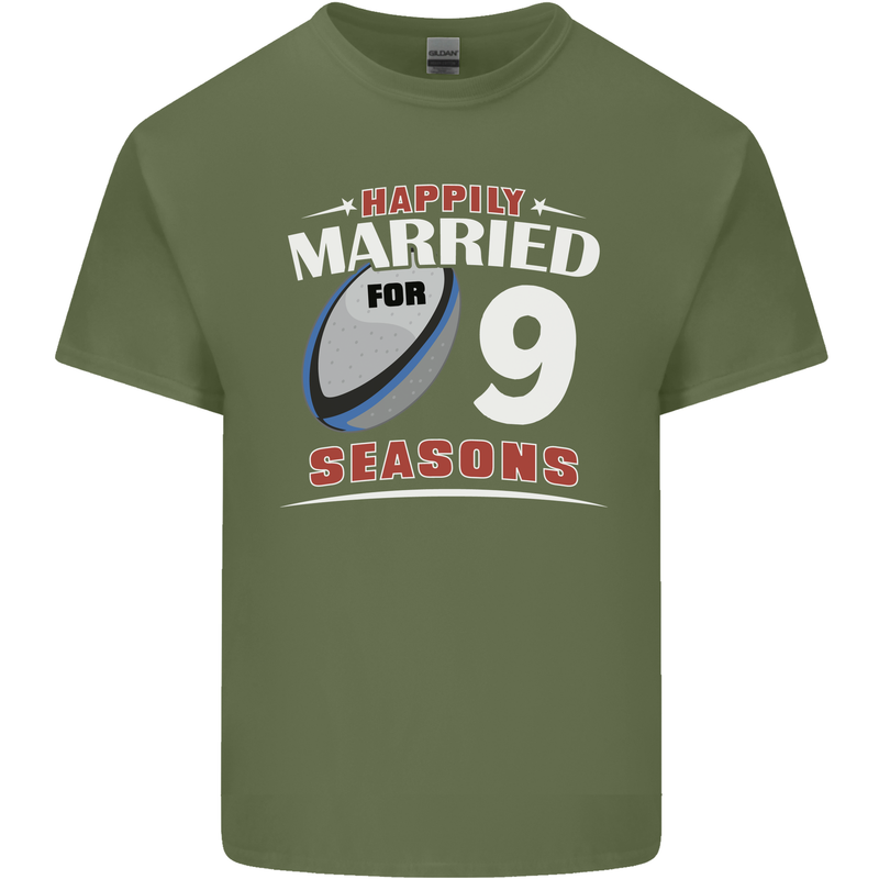 9 Year Wedding Anniversary 9th Rugby Mens Cotton T-Shirt Tee Top Military Green