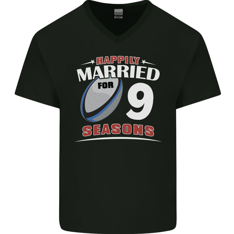 9 Year Wedding Anniversary 9th Rugby Mens V-Neck Cotton T-Shirt Black