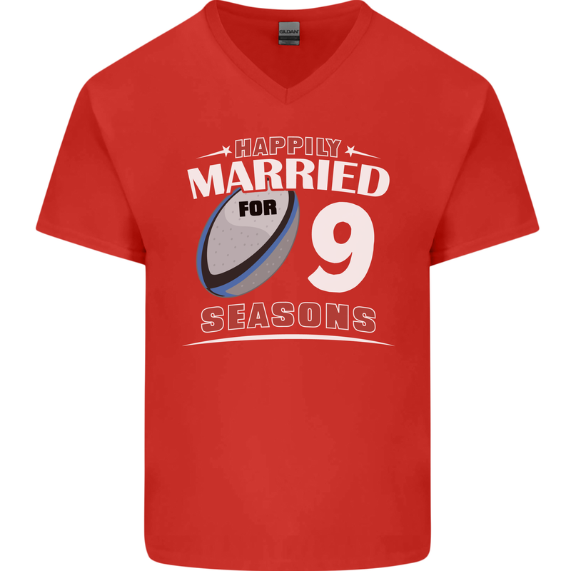 9 Year Wedding Anniversary 9th Rugby Mens V-Neck Cotton T-Shirt Red