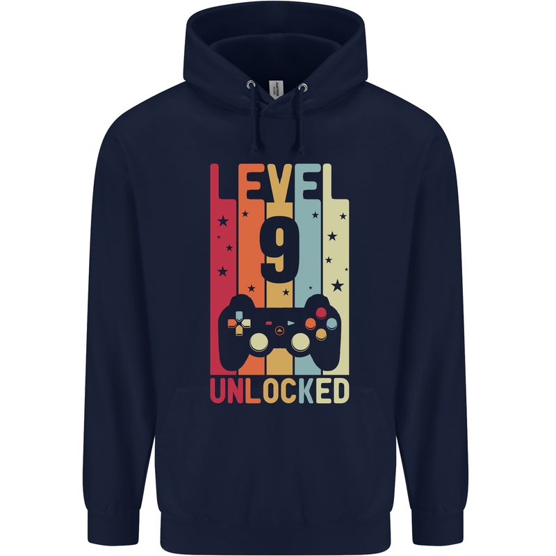 9th Birthday 9 Year Old Level Up Gamming Childrens Kids Hoodie Navy Blue