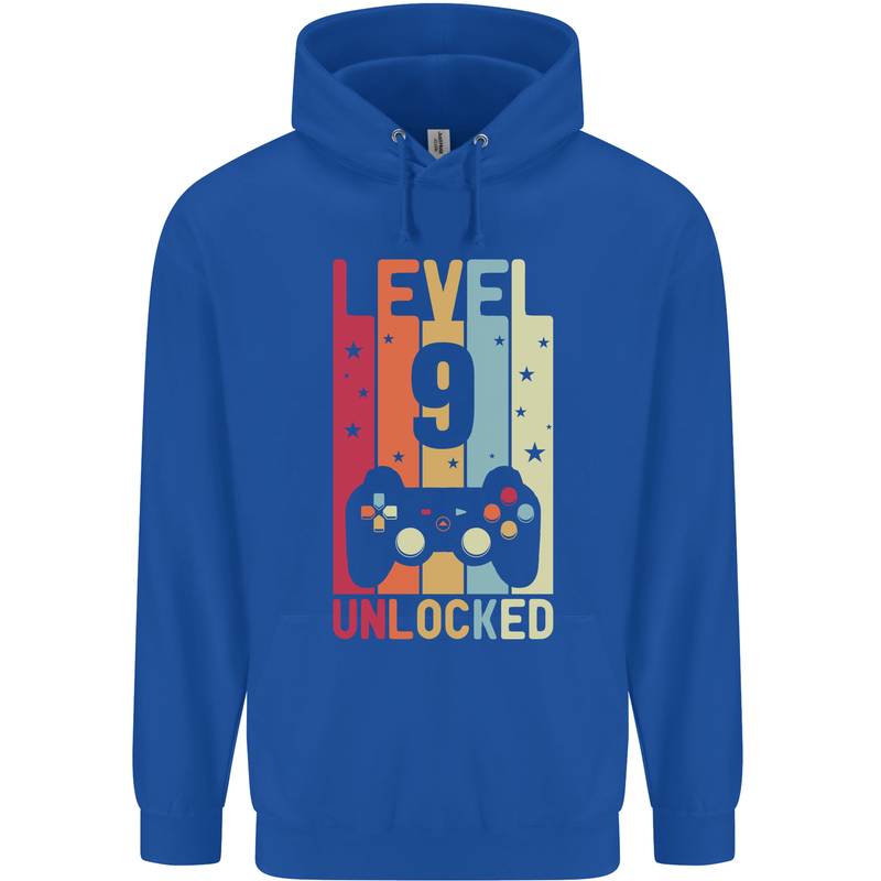 9th Birthday 9 Year Old Level Up Gamming Childrens Kids Hoodie Royal Blue