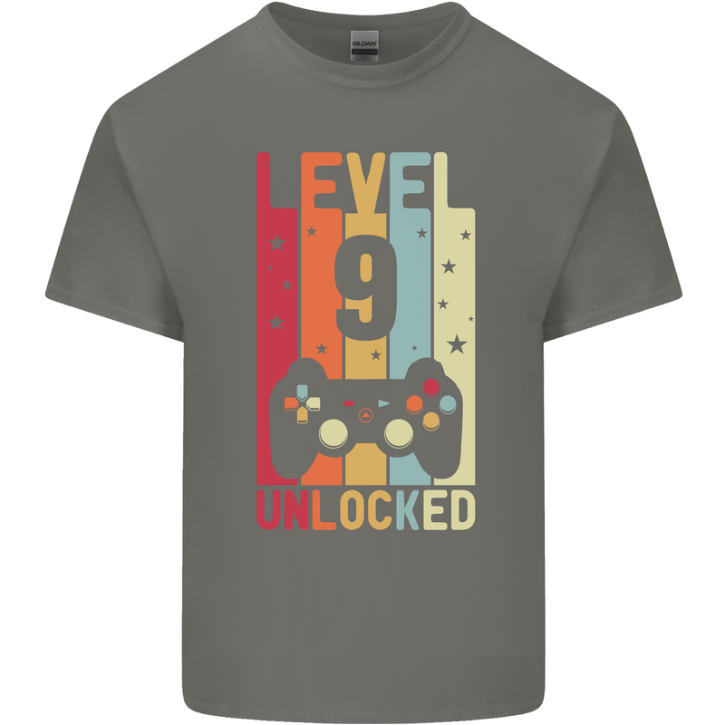 9th Birthday 9 Year Old Level Up Gamming Kids T-Shirt Childrens Charcoal