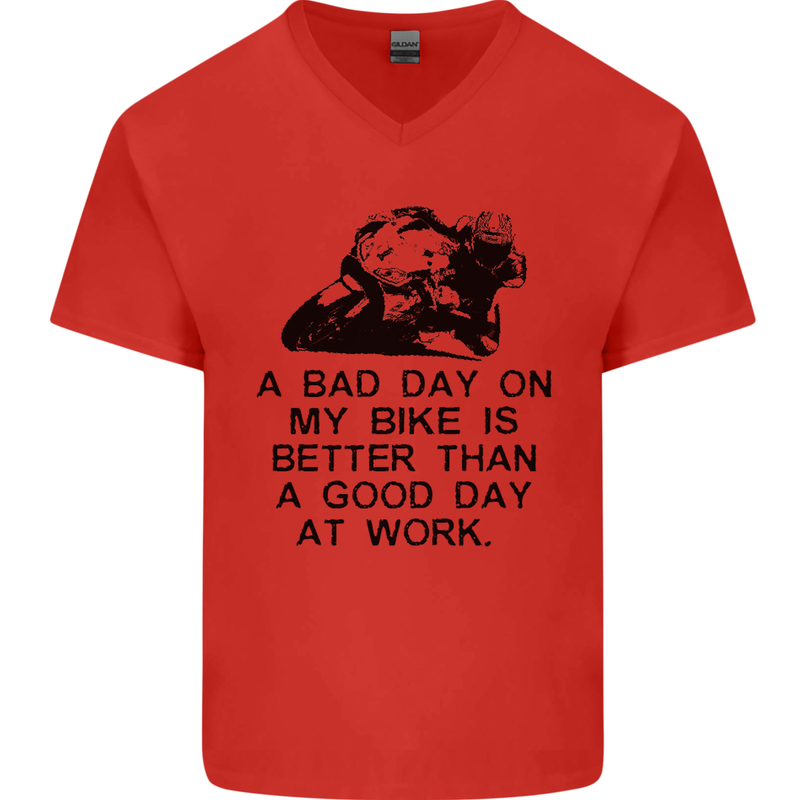 A Bad Day on My Bike Motorcycle Biker Mens V-Neck Cotton T-Shirt Red