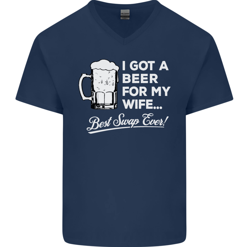 A Beer for My Wife Funny Alcohol BBQ Mens V-Neck Cotton T-Shirt Navy Blue