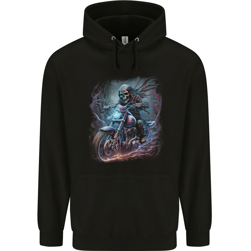 A Biker Skeleton on a Motorcycle Skull Mens 80% Cotton Hoodie Black