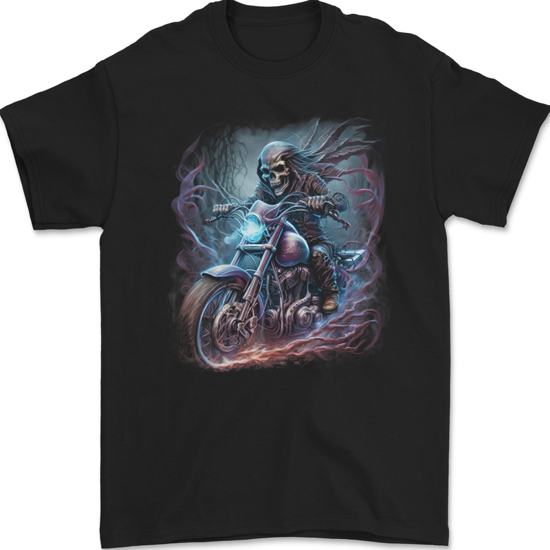 A Biker Skeleton on a Motorcycle Skull Mens Gildan Cotton T-Shirt Black