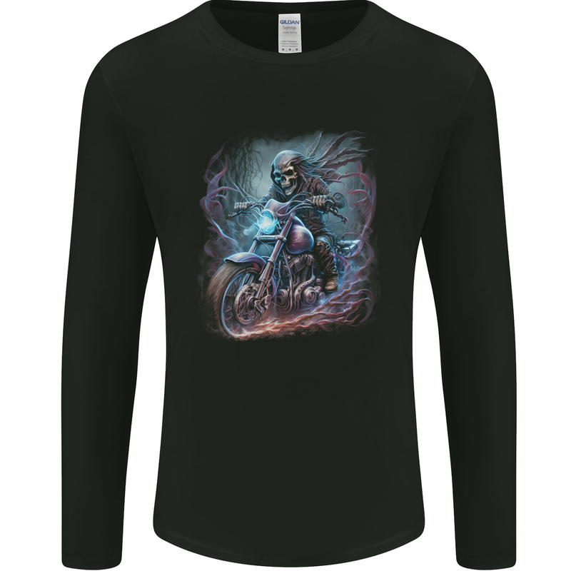 A Biker Skeleton on a Motorcycle Skull Mens Long Sleeve T-Shirt Black