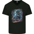 A Biker Skeleton on a Motorcycle Skull Mens V-Neck Cotton T-Shirt Black