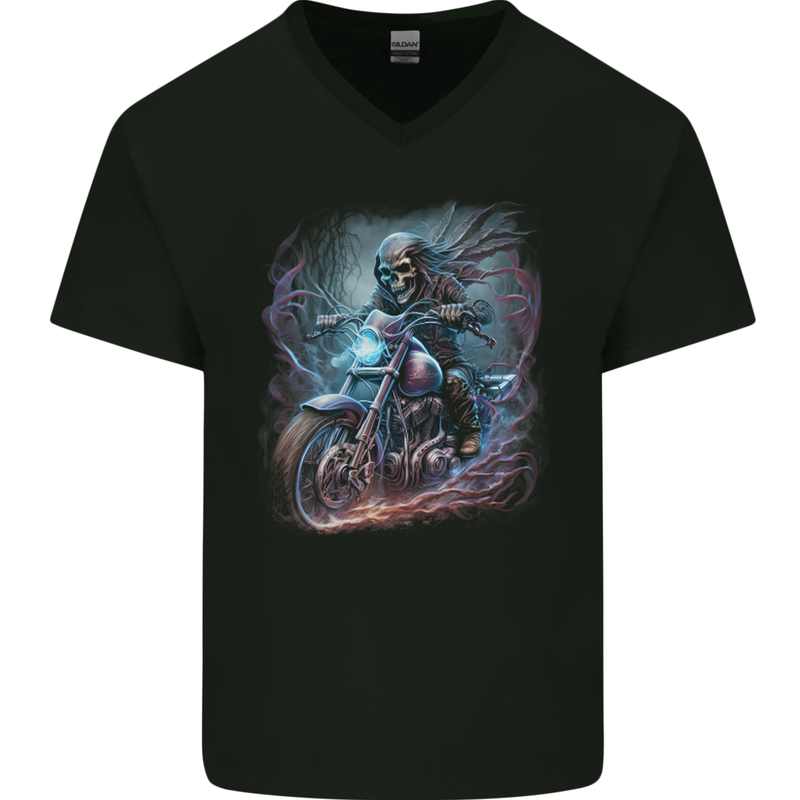 A Biker Skeleton on a Motorcycle Skull Mens V-Neck Cotton T-Shirt Black