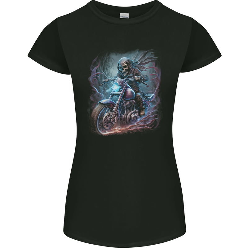 A Biker Skeleton on a Motorcycle Skull Womens Petite Cut T-Shirt Black