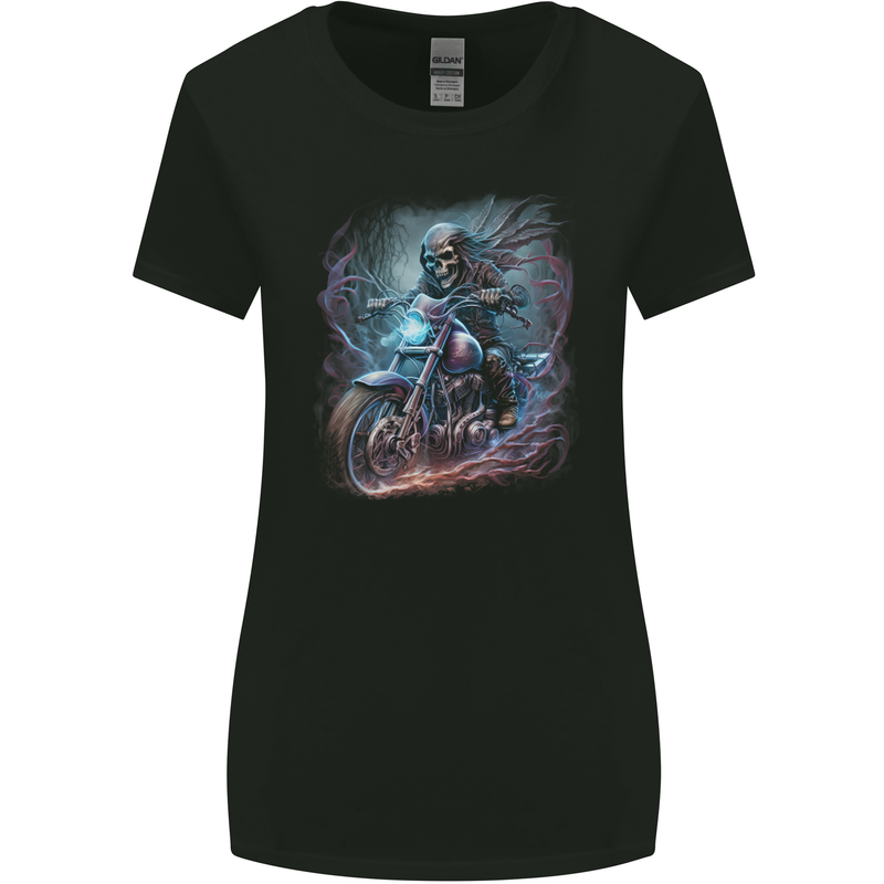 A Biker Skeleton on a Motorcycle Skull Womens Wider Cut T-Shirt Black