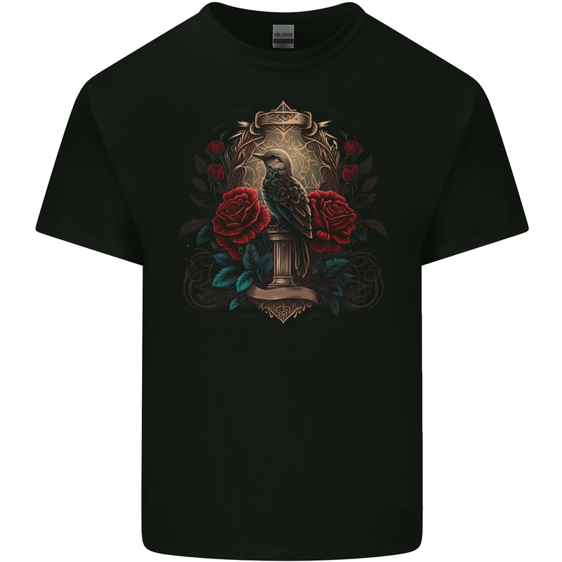 A Bird With a Gothic Vase and Roses Mens Cotton T-Shirt Tee Top BLACK