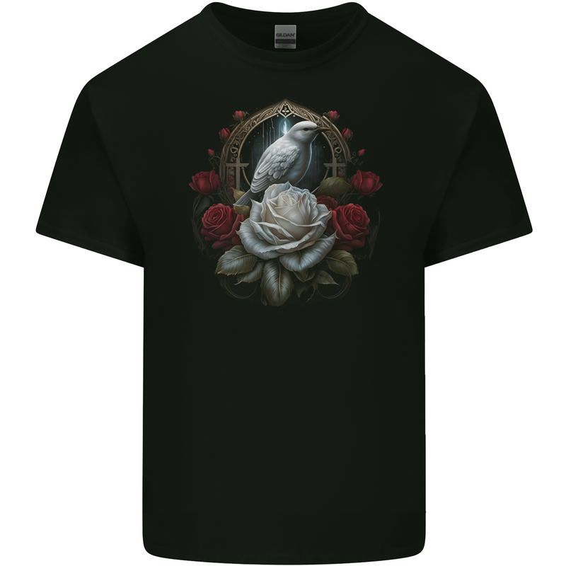 A Bird and Rose in Front of a Gothic Mirror Mens Cotton T-Shirt Tee Top BLACK