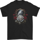 A Bird and Rose in Front of a Gothic Mirror Mens Gildan Cotton T-Shirt Black
