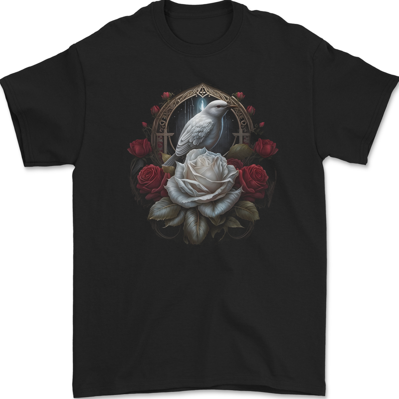 A Bird and Rose in Front of a Gothic Mirror Mens Gildan Cotton T-Shirt Black