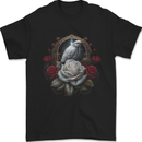 A Bird and Rose in Front of a Gothic Mirror Mens T-Shirt 100% Cotton Black