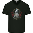 A Bird and Rose in Front of a Gothic Mirror Mens V-Neck Cotton T-Shirt Black