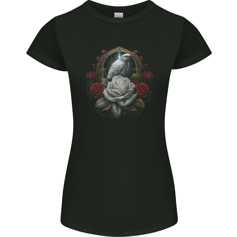 A Bird and Rose in Front of a Gothic Mirror Womens Petite Cut T-Shirt Black
