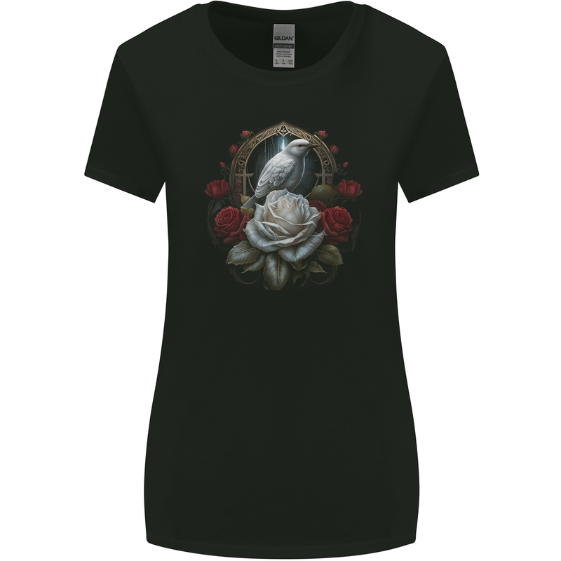 A Bird and Rose in Front of a Gothic Mirror Womens Wider Cut T-Shirt Black