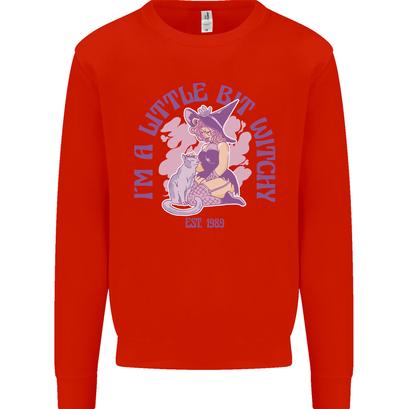 A Bit Witchy Funny Halloween Cat  Witch Kids Sweatshirt Jumper Bright Red
