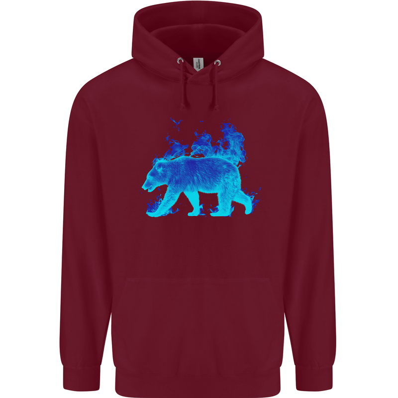 A Blue Flame Grizzly Bear Childrens Kids Hoodie Maroon